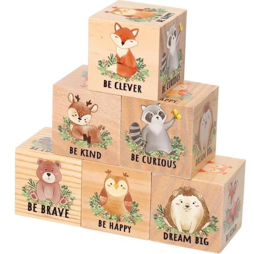 6 Pcs 1.6 Inch Inspirational Woodland Nursery Decor Animals Wall Decor Stuff Wooden Forest Animals Bear Raccoon Lion Fox Block Safari Creature Table Decoration