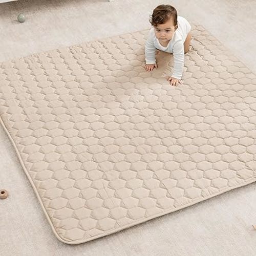 Comfy Cubs Square Kids Play Mat - 56 x 56 inches Soft Quilted Baby Floor Mat with Non-Slip Bottom - Plush Design for Toddlers' Playtime - Comfortable and Durable - Sand
