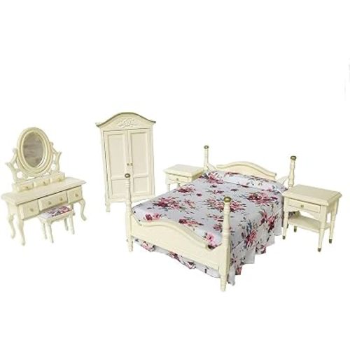 iLAND Wooden Dollhouse Furniture 1/12 Scale, Dollhouse Bedroom Furniture in Cream Color Dollhouse Bed & Dressing Table & Wardrobe Gifts (Elegant Miniature Furniture 6pcs)