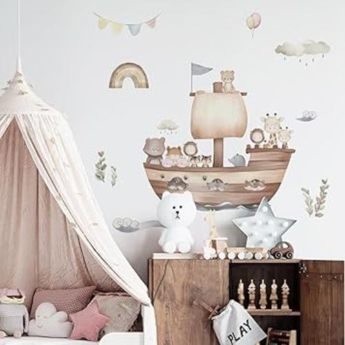 Cartoon Noah's Ark Animal Wall Decal, Lion, Little Bear, Giraffe Boat Animals Wall Stickers Perfect for Your Child's Girls and Boys Bedroom Baby Room Nursery Or Kids Room Ocean Themed Decoration
