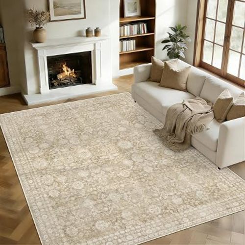 5x7 Area Rugs for Living Room: Washable Vintage Floral Rug Low Pile Non-Slip Boho Carpet for Nursery Bedroom Dining Room (Brown, 5'x7')