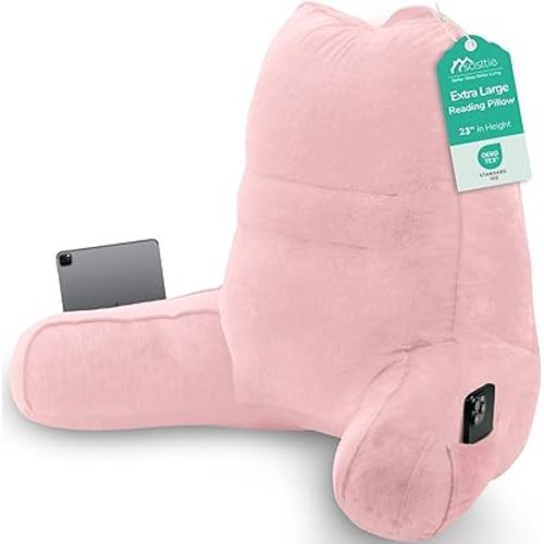 Sasttie Reading Pillow for Bed - 23 Inch, Back Pillow for Bed Sitting Up, Back-Rest Support Cushion with Side Pockets and Arms, Dorm Essentials, Oeko-Tex Certified, Light Pink