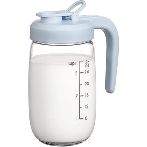Breast Milk Pitcher 32 OZ, Heat & Cold Resistant, Sudden Temperature Safe, Fast Baby Formula Maker with Wide Mouth, No Leak Borosilicate Glass Fridge Storage Container for Juice, Cold Brew-Blue