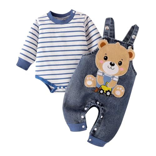 FOCUTEBB Baby Boy Clothes Fall Winter Outfit Cute Romper Striped Long Sleeve Romper Cartoon Denim Jumpsuit Pants 0-18 Months