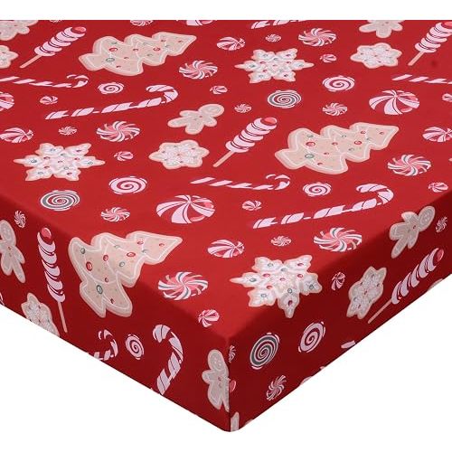 Christmas Crib Sheet, Baby Fitted Crib Sheet with Christmas Trees, Snowflake, Gingerbread, Measuring 52" x 28" to fit Standard Crib and Toddler Mattresses, Red