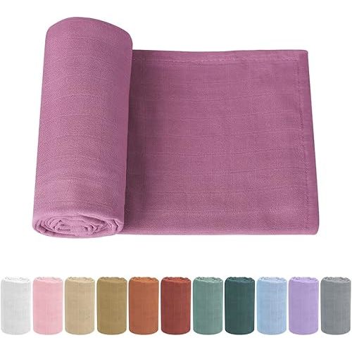 Newborn Baby Swaddle Blanket Unisex Swaddle Wrap Soft Silky Muslin Swaddle Blankets Neutral Receiving Blanket for Newborn Boys and Girls Large 47 x 47 inches(120x120cm) (Purple-Pink)