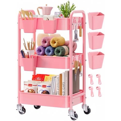 3 Tier Rolling Cart Metal with Lockable Wheels,Pink Baby Diaper Caddy Carts | Three Tiered Storage Utility Trolley Organizer on Wheels for Craft, Art, Nail, Lash, Tech, Salon, Hair, Dorm,Nursery Supplies