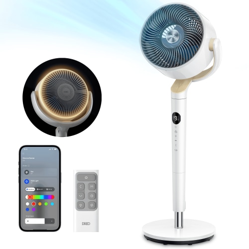 Dreo Smart Fan for Bedroom, 120° +120° Omni-Directional Oscillating Fans, 90ft Quiet Pedestal Fan with RGB Light, 9 Speeds, 6 Modes, 20dB, 8H Timer, Wi-Fi/Voice/Alexa, 37-42" Floor Fans with Remote