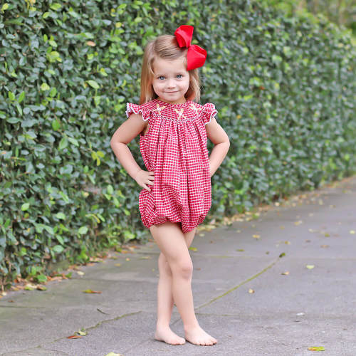 Baseball Smocked Red Plaid Bubble