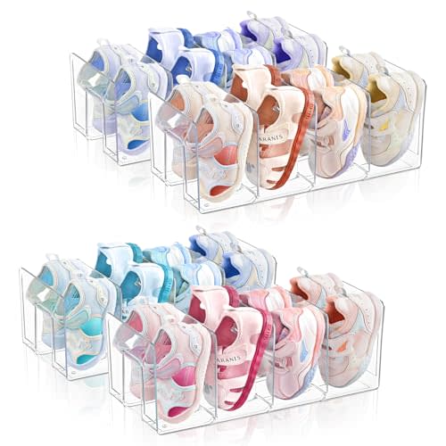 Kids Shoe Organizer Stackable: Clear Acrylic Baby Shoe Rack with Dividers - Closet Storage for Toddlers & Nursery Use (4 Pack)