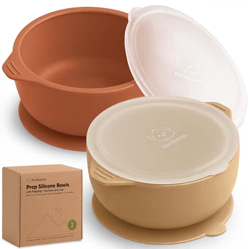 KeaBabies 2-Pack Baby Bowls with Suctions, Lids, Silicone (Terracotta) | Toddler Suction Bowls for Baby Boys, Girls, Kids, Food Grade Silicone, Dishwasher Safe, BPA-Free, Baby Eating Essentials