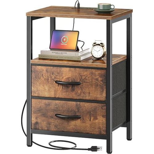 Huuger Nightstand with Charging Station, Side Table with Fabric Drawers