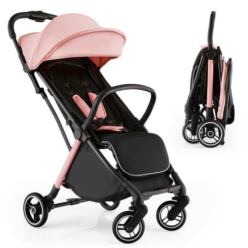 HONEY JOY Lightweight Baby Stroller, Compact Travel Stroller for Airplane, Fits Airplane Cabin & Overhead, One-Hand Gravity Fold, Self-Standing Toddler Stroller w/Adjustable Backrest/Canopy(Pink)
