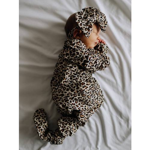 Cheetah Kimono Style Knotted Sleeper Gown,0-3 m, BOW SOLD SEPARATELY,Newborn Gown, Baby Gift, Newborn, Baby Gown, Knotted Gown, Animal Print