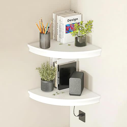 HAO Floating Corner Shelf Invisible Wall Mounted Shelves Radial Shape Cable Wire Hole Pattern Perfect for Bedroom Bathroom Living Room Kitchen Set of 2 White