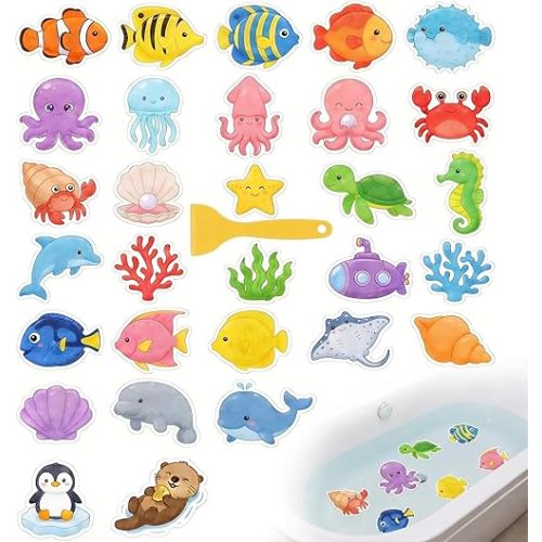 Anki HappiGo Non Slip Bathtub Stickers, 30PCS Sea Creature Anti Slip Bath Tub Treads, Adhesive Waterproof Decals for Toddler Bath & Shower Safety with Scraper