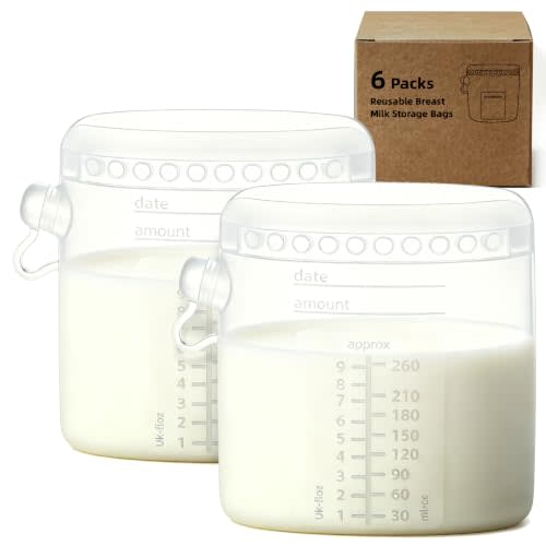 6 Pcs Reusable Silicone Breast Milk Storage Bags freezer with Double-Seal Design 9oz/260ml, BPA Free, One-Piece, Self-Standing Milk Bags for Breastfeeding, Baby Food Pouches