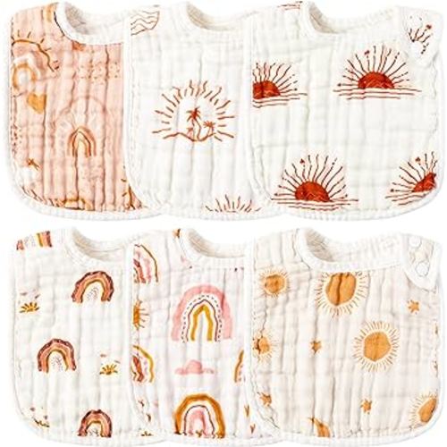 Zainpe 6Pcs Snap Muslin Cotton Bibs for Baby Rainbow Sun Star Adjustable Feeding Bib, Machine Washable Unisex Burp Cloths with 6 Absorbent Soft Layers for Infant Newborn Toddler Drooling Teething