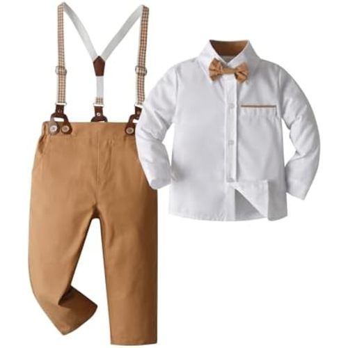 Boarnseorl Baby Boys Pants Sets,Toddler Gentleman Outfits, Infant Long Sleeve Shirt + Pants + Bow Tie + Suspenders