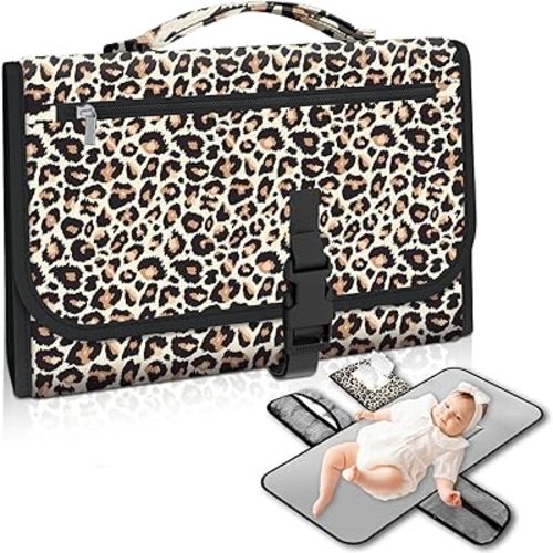 Portable Changing Pads- Waterproof Foldable Baby Changing Mat Leopard Pattern Diaper Changer Travel Bag, Smart Design Baby Changing Mat, Great for Newborn Girls & Boys & for Travel