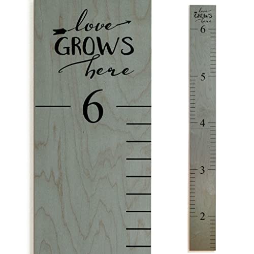 Headwaters Studio Wooden Growth Chart – Kids Height Chart, Wall Measurement for Kids, Height Chart for Wall, Growth Ruler for Children – “Love Grows Here” Gray (63" x 6.7")