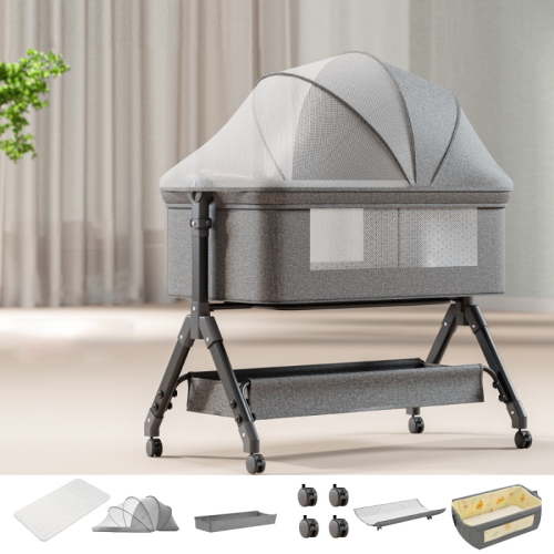 Baby Bassinet, Bedside Bassinet for Baby, 4 in 1 Portable Bedside Sleeper Rocking Crib with Wheels, Mosquito Net & Storage Basket, 6 Height Adjustable, Grey