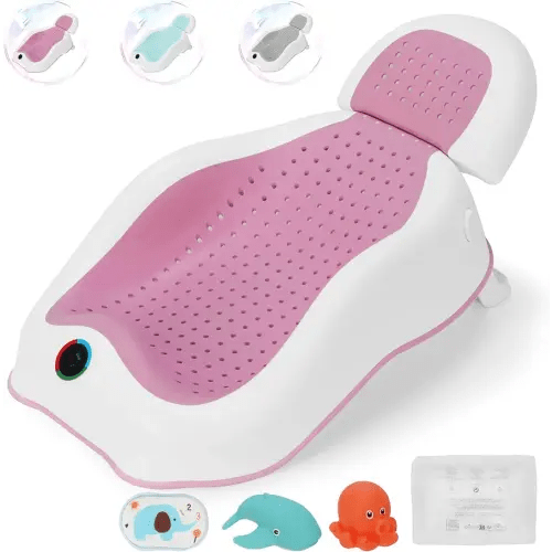 Baby Bath Support | Newborn Bathtub, With Thermometer, Collapsible, Ergonomically Designed, Baby Tubs for Newborn Essentials Must Haves (Pink)