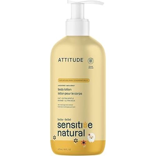 ATTITUDE Body Lotion for Baby, EWG Verified, Plant and Mineral-Based Ingredients, Vegan Personal Care Products, Sensitive Skin, Unscented, 16 Fl Oz