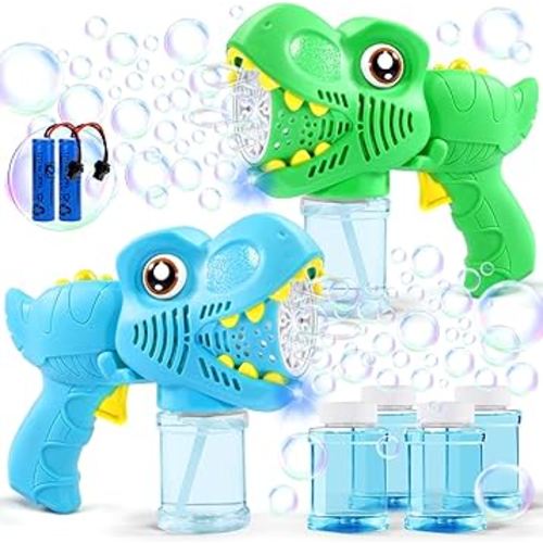 Kids Bubble Gun 2 Pack Dino Bubble Machine Gun for Toddlers with 4 Bubbles Solution Automatic 13-Hole Bubbles Blower Maker Bubbles for Kids Party Favors Stocking Stuffers Birthday Gift for Boys Girls