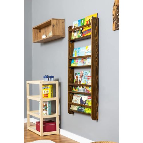 Handmade Solidwood Wall Mounted Montessori Kids Bookshelf, 4 Tier Book Display for Children Bedroom, Nursery Furniture Bookcase, Wood Pine Tree Book Organiser for Living Room (Walnut)