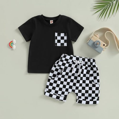 Karuedoo Baby Boy Girl Summer Outfits Checkered Plaid Short Sleeve T-Shirt Top Shorts Set Trendy Toddler Checkerboard Outfit - 6-12 Months - A-black