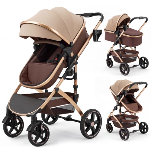 babyeap 2 in 1 Baby Stroller,Foldable Lightweight Carriage Reversible Bassinet Pram for Toddler,Travel Stroller with with Cup Holder,Brown