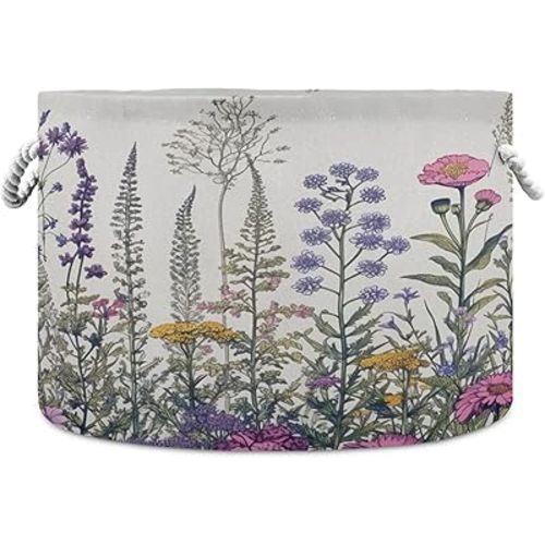 xigua Herbal Wildflowers Cotton Rope Storage Basket with Handles Large Baby Laundry Basket Round Collapsible Blanket Basket Shelf Closet Organizer for Nursery Toys Clothes, d20*h14in