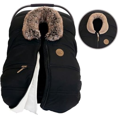 PETIT COULOU 3 Season Car Seat Covers for Baby - Convertible Baby Seat Cover with Interchangeable Collars, Removable Lining and Patented Structural Frame – Warm and Stylish From Fall to Spring (Onyx)