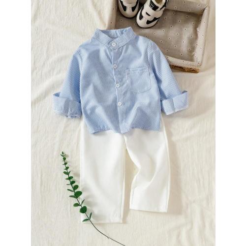 2pcs/Set Toddler Boys' Mandarin Collar Striped Faux Shirt With Pockets And White Casual Pants, Vacation & School Style | SHEIN USA