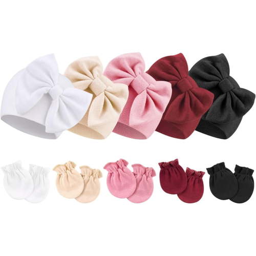 Dalrosia Newborn Baby Hats and Mittens Set Infant Bow Beanie Cap Toddler Gloves Newborn Hospital Hats for Baby Boy Girl 0-6 Months