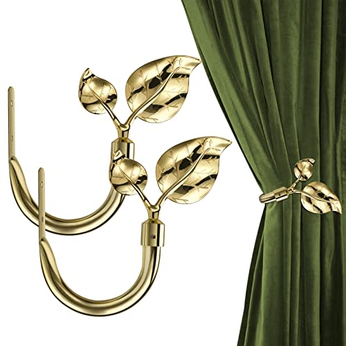 HIKMLK Leaf Shaped Curtain Holdbacks 2pcs, Handmade Metal Curtain Side Holders for Wall, Antique Brass Curtain Tieback Hook Pull Backs for Drapes Window Home Decoration (Gold)