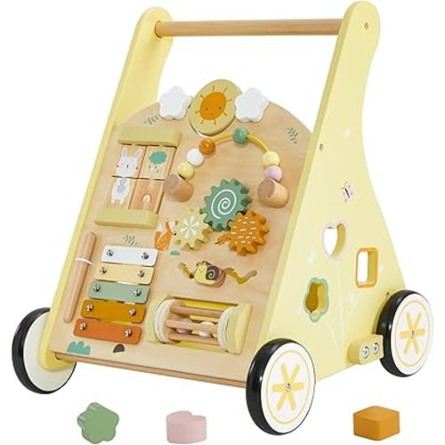labebe Wooden Baby Walker, Push Walker for Baby Boys and Girls with Activity Center, Montessori Walker Push Toy for Toddler Learning to Walk