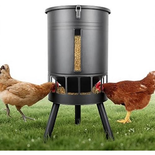 KOL 50LB Metal Chicken Feeder - Anti-Waste Design, 16 Ports, Black