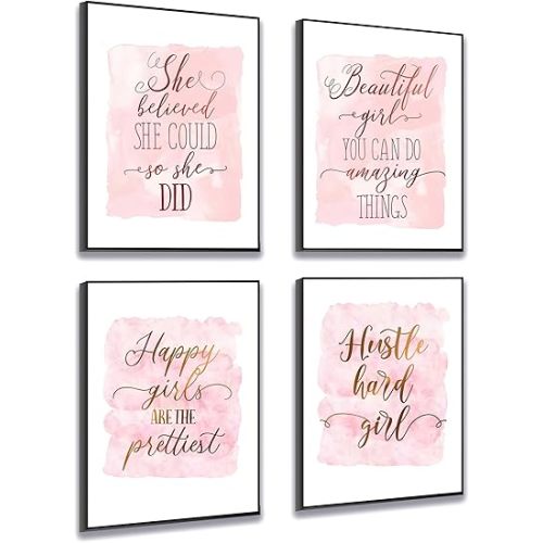 Set of 4 Framed Motivational Wall Art Quote Letters for Living Room Home Decor, Canvas Painting Posters Print Pictures Positive Words for Home Office Teen Bedroom Decoration Nordic