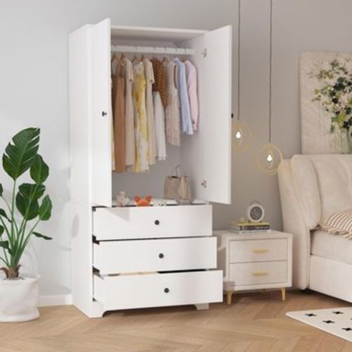 71 Inch Armoire Wardrobe Closet with 3 Drawers and 2 Doors, Wooden Clothing Storage Cabinet with Adjustable Shelves and Hanging Rod for Bedroom
