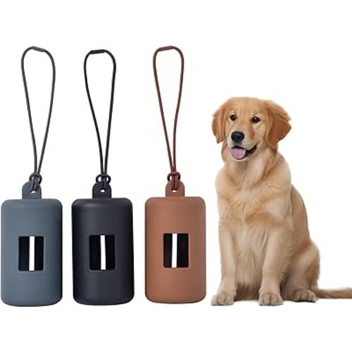 3Pack Dog Poop Bag Holder for Leash,Integrated Molding Soft Plastic Pet Waste Bag Dispenser with Elastic Loop Protable Doggie Poop Bag Dispensers (Black+Brown+Grey)