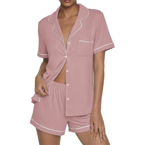 Ekouaer Womens Pajama Sets Button Up Pjs 2 Piece Short Sleeve Sleepwear | soft fabric, for wedding date night bridal party, for maternity, elastic waist