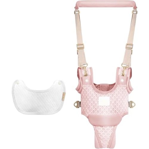 Baby Walking Harness with Bib Handheld Toddler Walker Helper Adjustable Walker Assistant Belt Infant Learning Walk Support Assist Trainer Tool for 8-24 Month Old Boys Girls (Pink)