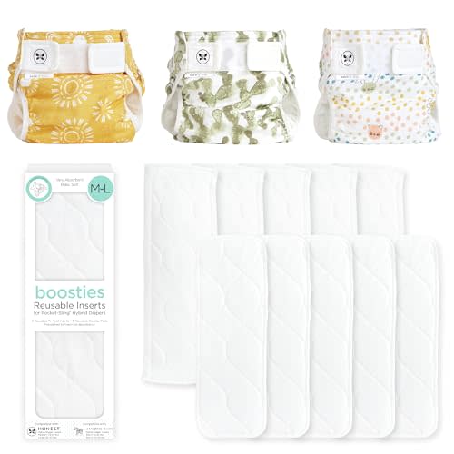 Honest Hybrid Cloth Diaper Cover + Super Boosties Reusable Inserts, Medium (12-25 lbs), Cotton Muslin Honest Covers Feature Pocket-Sling, 3 Pack, Boosties Inserts 10 Count