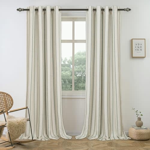 DriftAway Farmhouse Linen Blend Blackout Curtains 84 Inches Long for Bedroom Vertical Striped Printed Linen Curtains Thermal Insulated Lined Treatments for Living Room 2 Panels W52 x L84 Loden Green