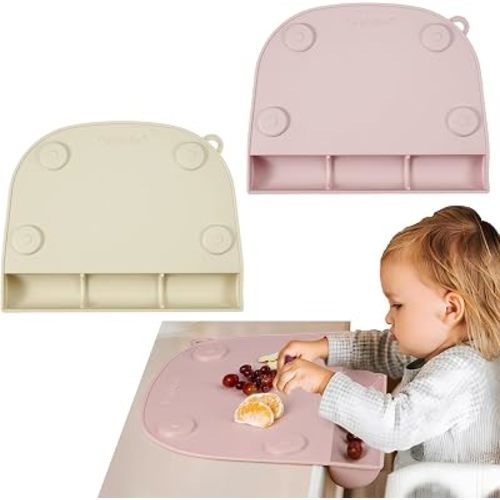 PandaEar 2-Pack Silicone Baby Placemats with Food Catcher, Non-Slip Suction Toddler Place Mats for Dining Table & High Chair, Waterproof Easy-Clean Reusable Table Mat (Pink & Linen)