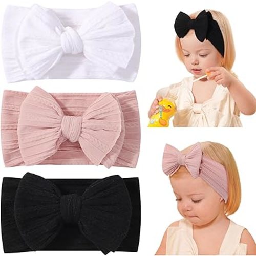 jollybows 3PCS Baby Bows Headbands Soft Nylon Baby Girl Headbands for Newborn Infant Toddler Kids Cute Bow Wide Hairbands Hair Accessories(Black+White+Deep Pink)