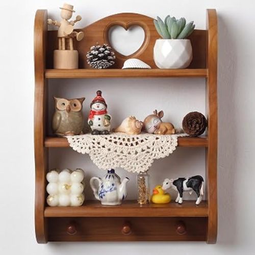 100% Solid Cottage Wall Shelf 3-Tier Vintage Walnut Wood Floating Shelves with Crochet Placemats Wood Heart Mounted Storage Rack with Hooks for Keys, Rustic Storage Organizer for Home