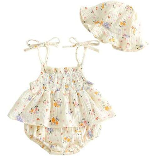 Mubineo Baby Girl Summer Clothes Cute Romper Dress Cotton Linen Skirt Sleeveless Smocked Rompers Sun Hat Boho Outfits